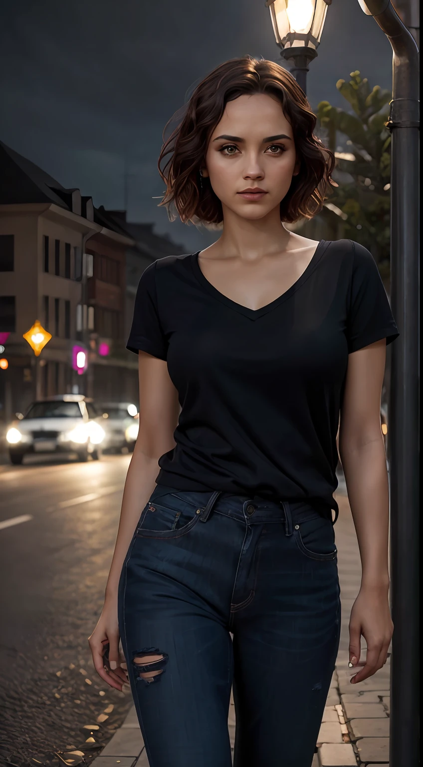 Masterpiece, portrait, close-up, a beautiful germany girl, white dress with black plain basic teeshirt, full body length tee-shirt, big breasts, rdark brown hair, short straight hair combed to the side, tight jeans, heels, black full length tee-shirt, with jeans, standing position on a street lit by lampposts, luxurious, night, very detailed lighting, dramatic, digital art trend in Artstation 8k HD high definition detailed realistic, detailed, skin texture,  hyper detailed, realistic skin texture, armor, best quality, ultra high res, (photorealistic: 1.4), high resolution, detailed, Raw photo, Sharp Re, by Lee Jeffries Nikon D850 Film Stock Photography 4 Kodak Portra 400 Camera F1.6 Lens Rich Colors Hyper Realistic Texture Dramatic lighting UnrealEngine trend in ArtStation Cinestill 800