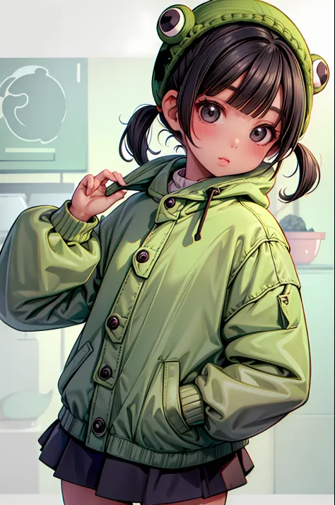 1girl, cute, green, black eyes, black hair, low pigtails and hime bangs, wearing a pastel colored frog hat and a oversized jacke...