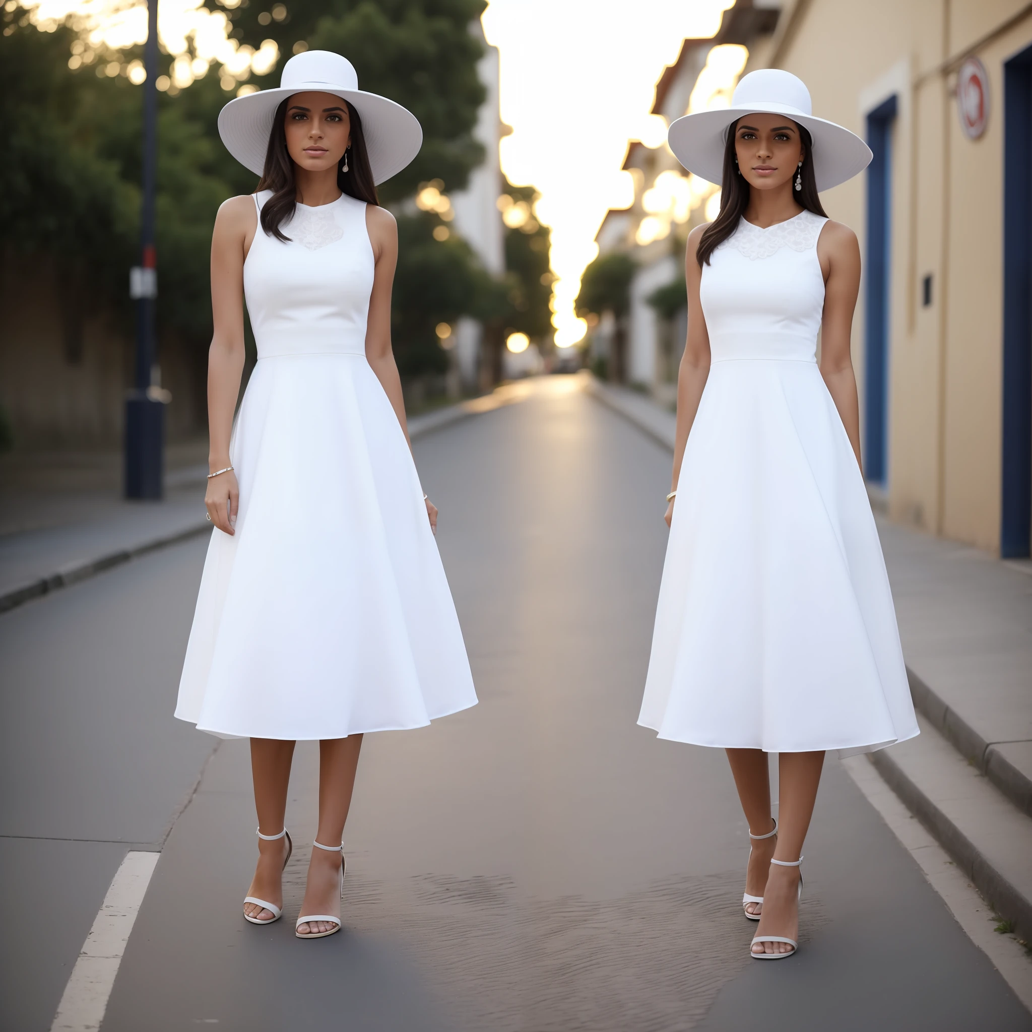 A woman in a white dress and hat standing on a street - SeaArt AI