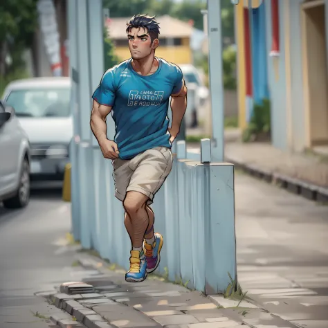 um homem correndo com camiseta branca, bermuda  e sapato claro , rosto detalhado , sozinho, imagem sem fundo