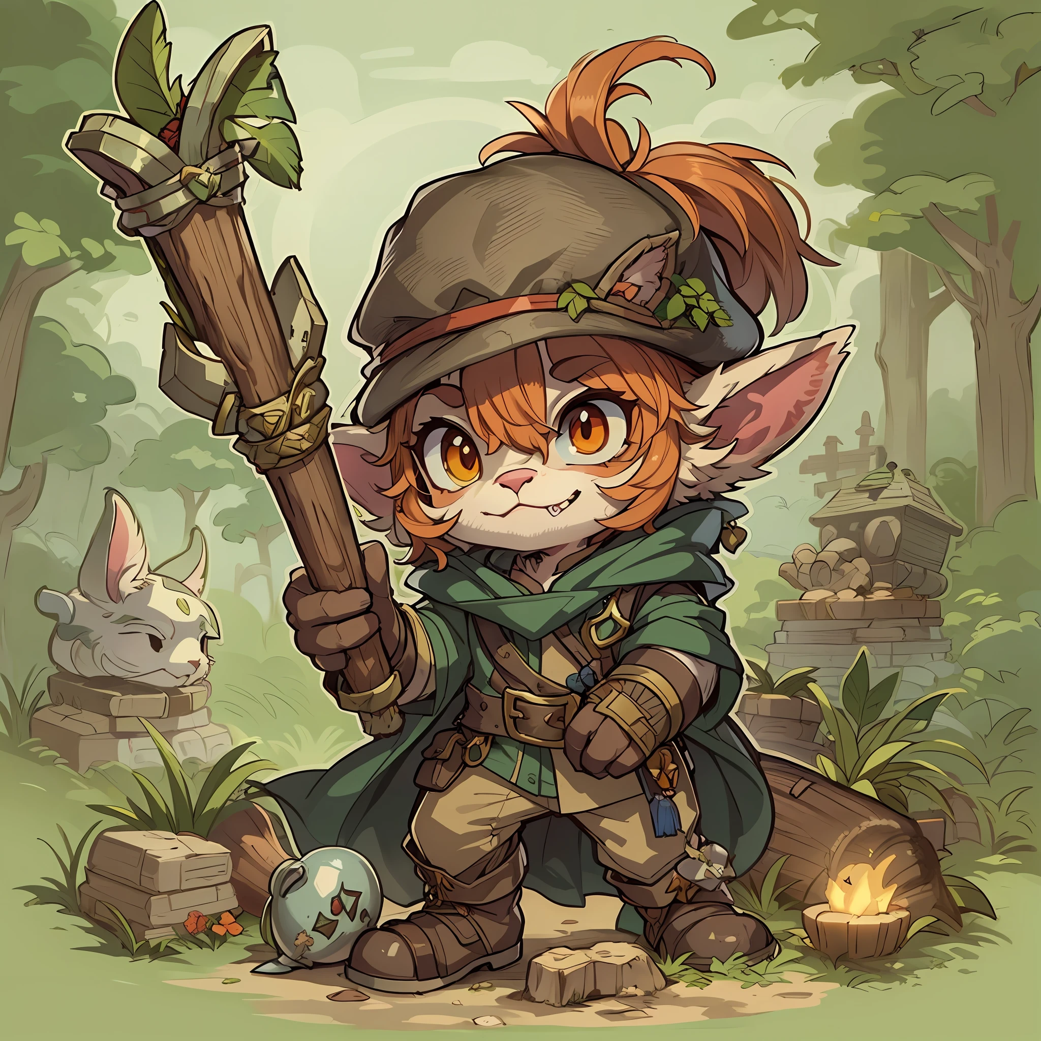 um gato dos desenhos animados vestido como um bruxo segurando um cajado, Gnome Druida, Retrato de um mago da floresta, medium portrait of a goblin, dnd avatar retrato de halfling, character art of maple story, jovem mago meio elfo, hero character art, Arte do personagem RPG, um pirata goblin, Retrato de um jovem mago elfo, Retrato de um gnomo chamado Eldon, full art illustration