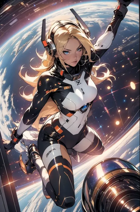 A bombastic blonde with perfect body on a space station floating in space with Earth in the background, Full body in an action p...