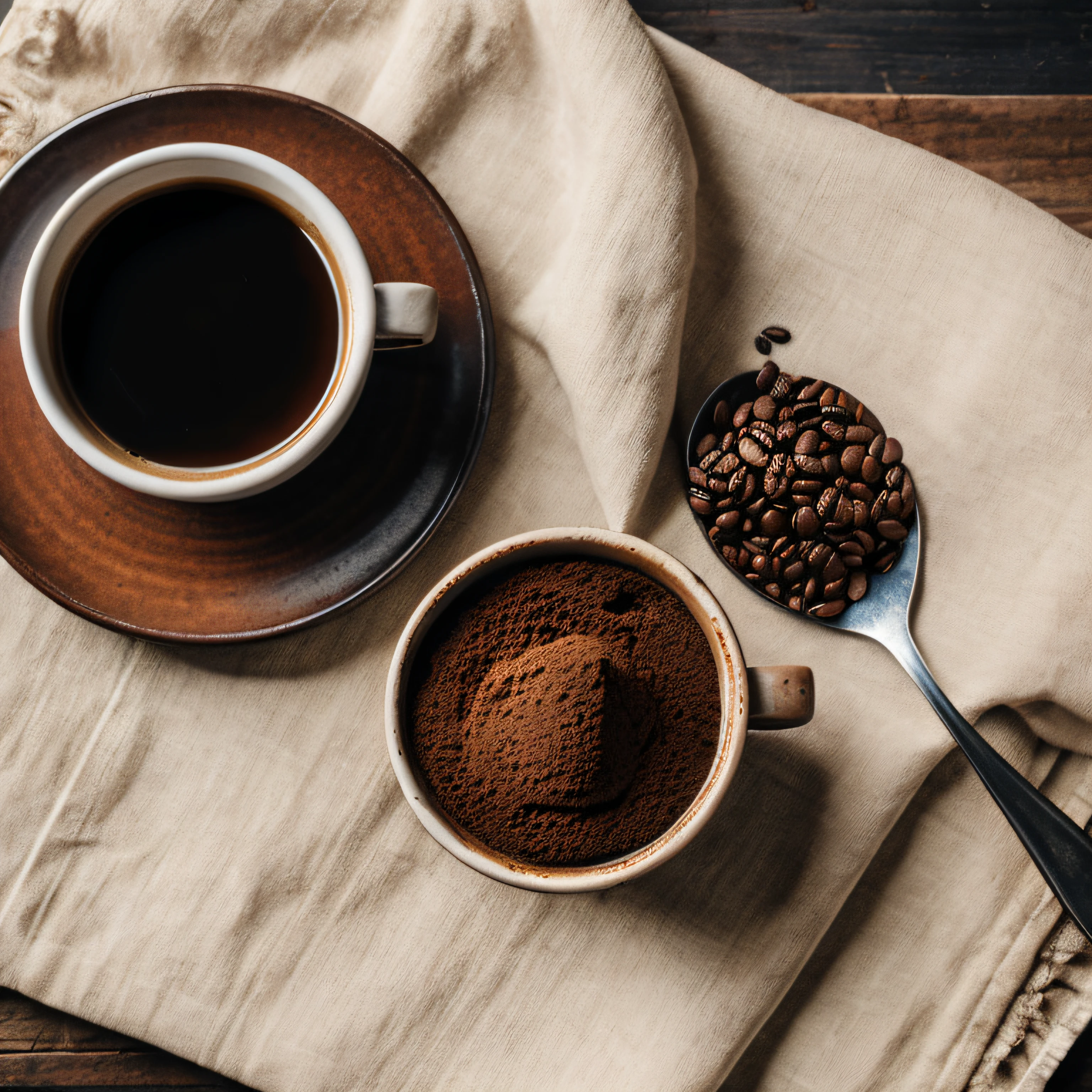 café torrado e grãos espalhados sobre um pano com uma xícara de café de barro fotografado com uma câmera macro ultra-realista HDR de 35 mm