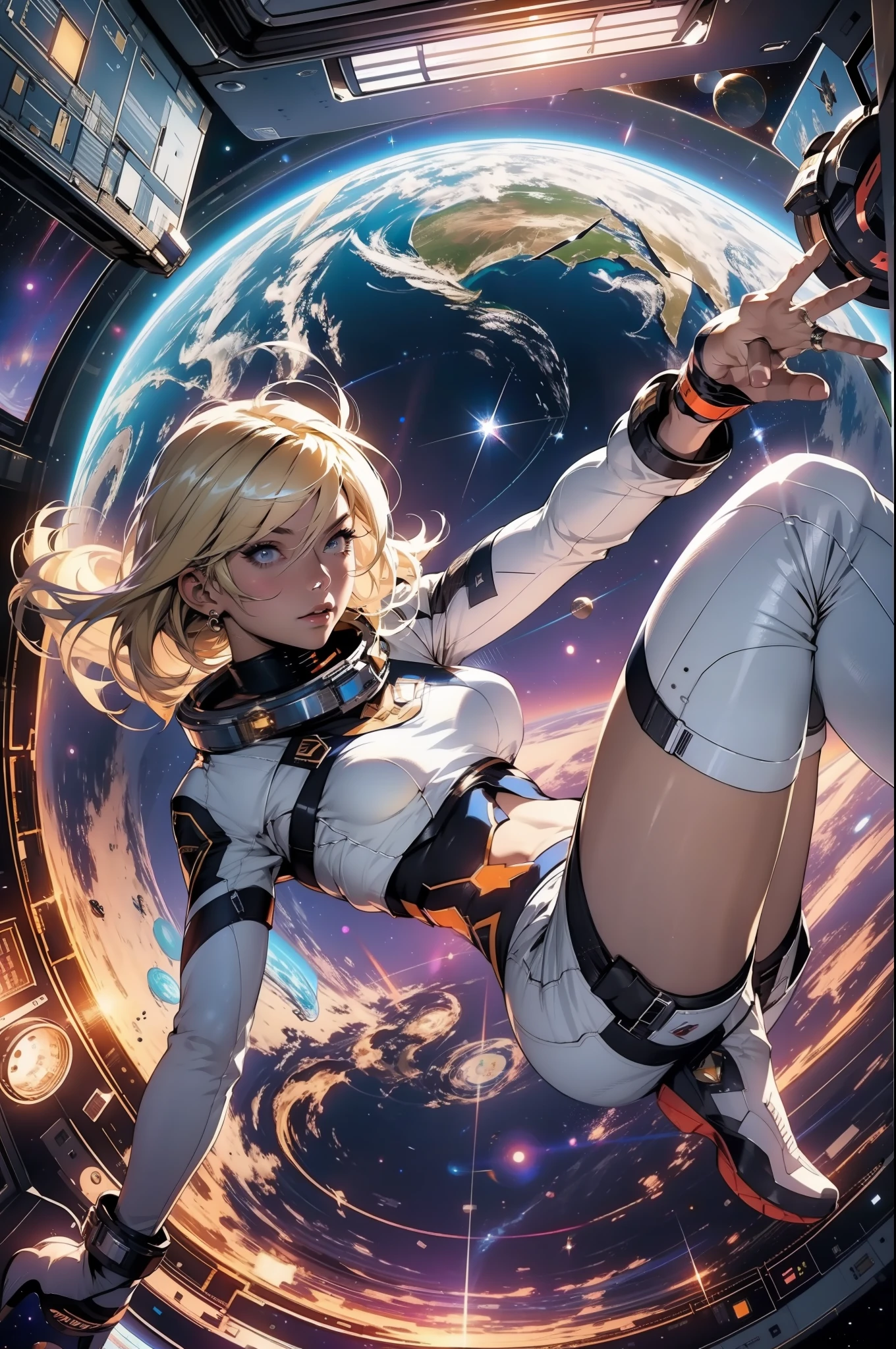 Напыщенная блондинка с идеальным телом на космической станции, плавающей в космосе на фоне Земли., Все тело в позе действия
