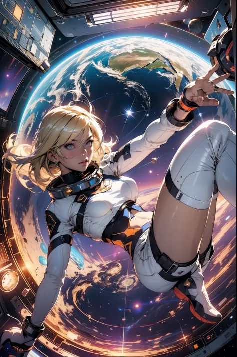 a bombastic blonde with perfect body on a space station floating in space with earth in the background, full body in an action p...