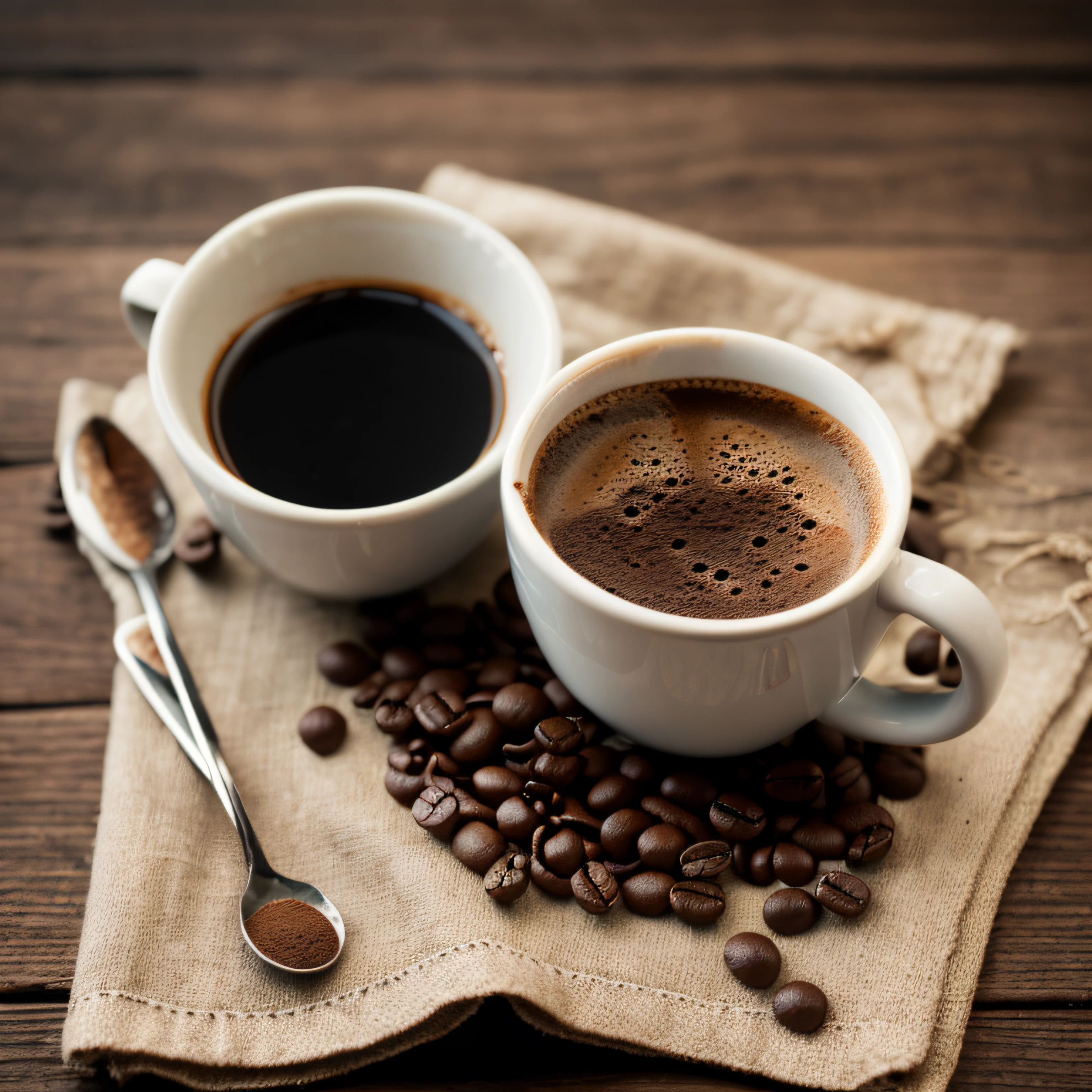 烘焙过的咖啡和咖啡豆铺在布上，配上一杯用 35mm HDR 超现实微距相机拍摄的粘土咖啡