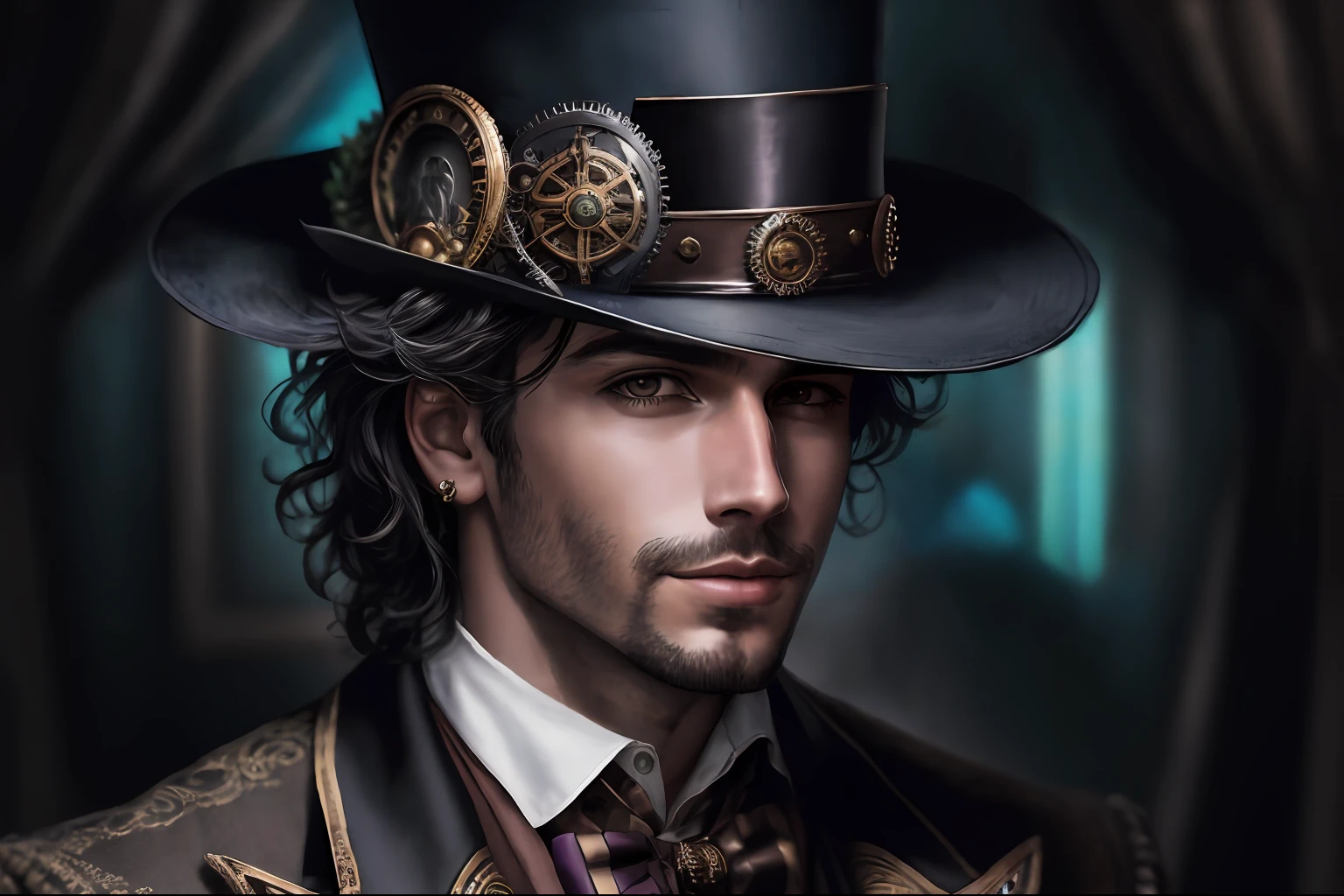 There's a man in a top hat and suit and tie, Retrato masculino steampunk, closeup portrait of an artificer, personagem de fantasia hiperdetalhado, retrato detalhado do caractere, Tim Burton (Motor irreal, retrato de personagem de closeup, Personagem altamente detalhado, mago steampunk, cinematic bust portrait, Velho cyberpunk, Iconic character of high detail, arte digital steampunk, retrato da arte do personagem