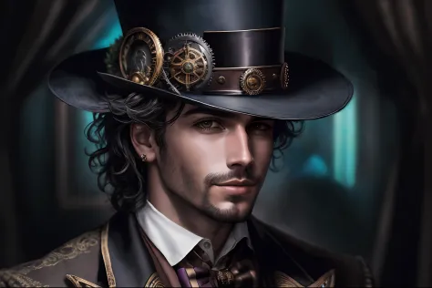 There's a man in a top hat and suit and tie, Retrato masculino steampunk, closeup portrait of an artificer, personagem de fantas...