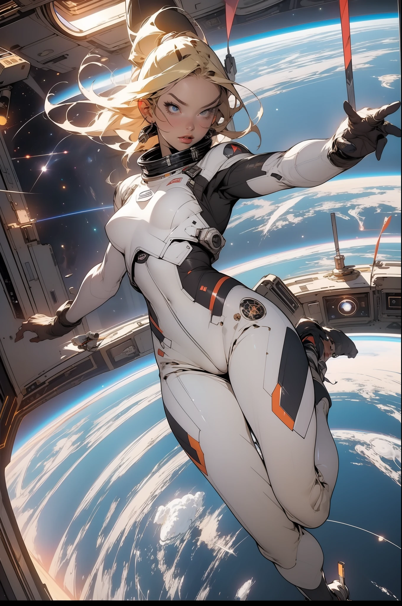 A bombastic blonde with perfect body on a space station floating in space with Earth in the background, Full body in an action pose
