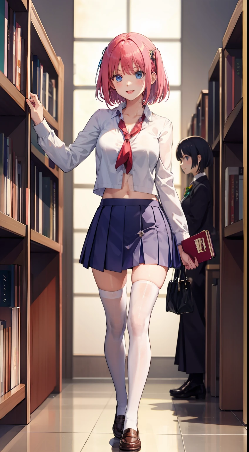 nakano nino, short hair, medium breast, slim legs, happy, cleavage, short skirt, navel, blue eyes, school uniform, thigh high socks, standing, library