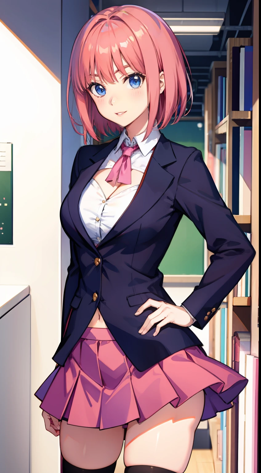 nakano nino, short hair, medium breast, slim legs, happy, cleavage, short skirt, navel, blue eyes, school uniform, thigh high socks, standing, library, pink hair