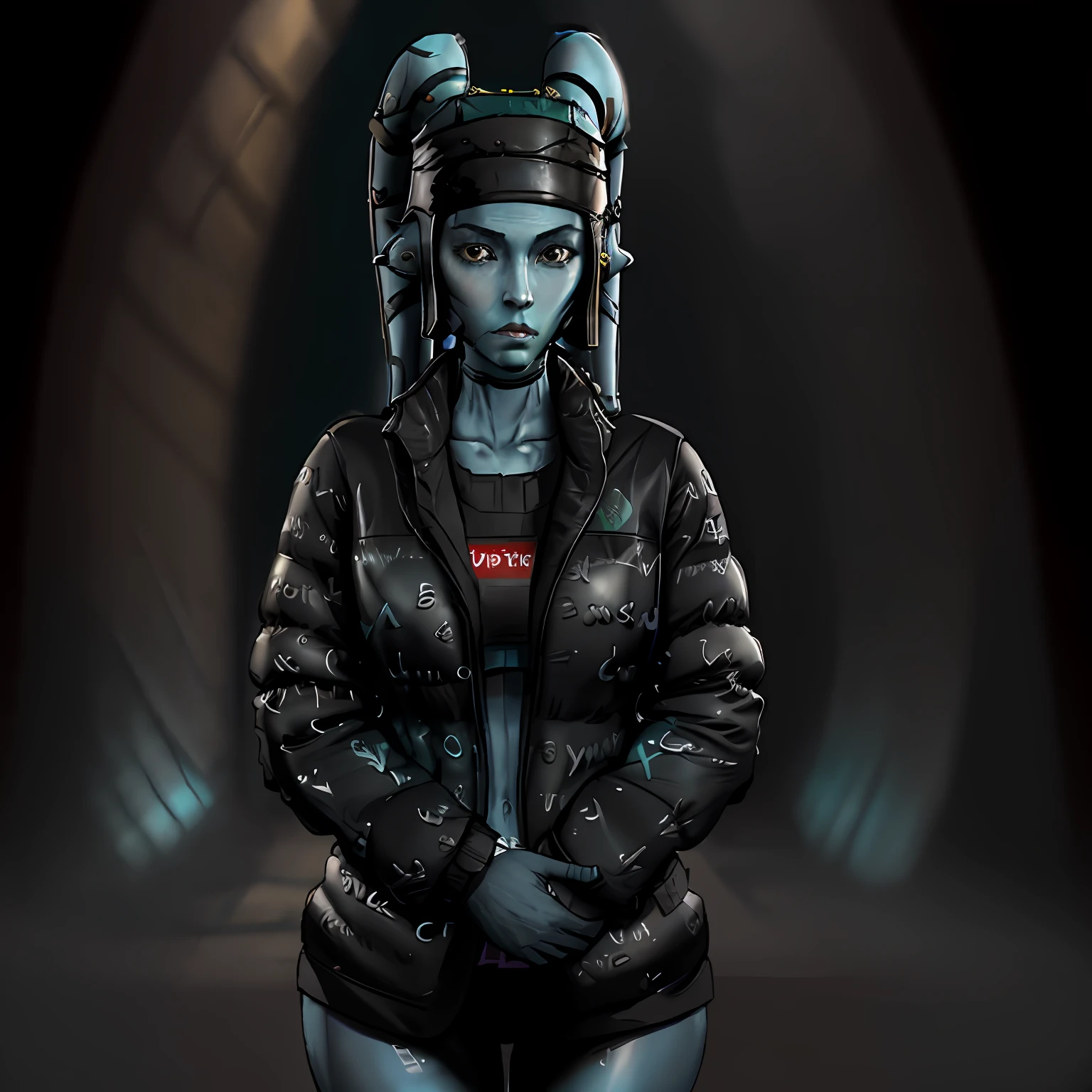 8k, 4k, (highres:1.1), best quality, (masterpiece:1.3),twi'lek, (ultra realistic:1.1)aayla secura wearing a 
dripjacket
own hands together and a leather headpiece, blue skin toned abs