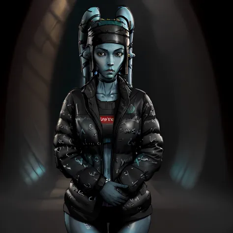 8k, 4k, (highres:1.1), best quality, (masterpiece:1.3),twi'lek, (ultra realistic:1.1)aayla secura wearing a 
dripjacket
own hand...