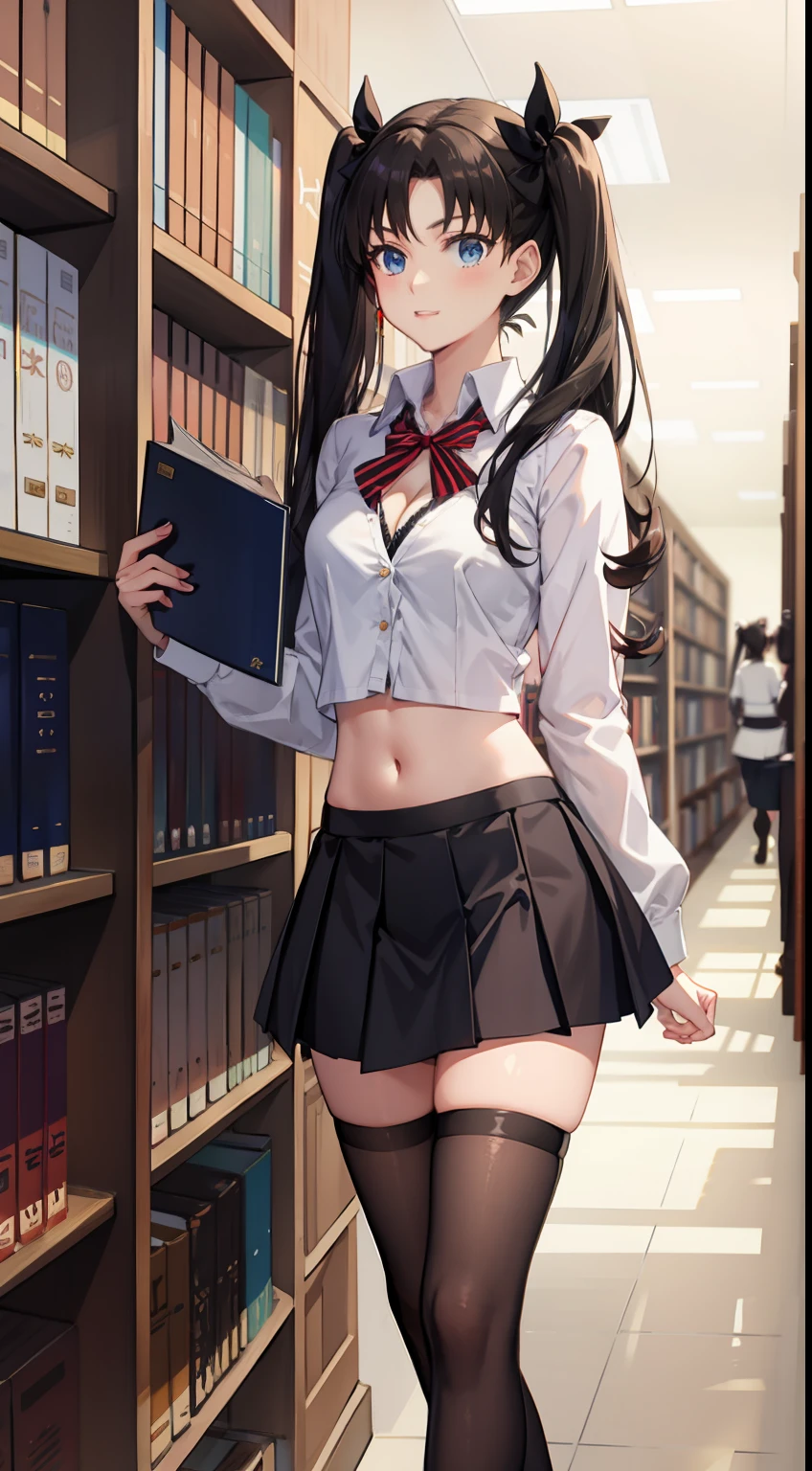 long hair, black hair, medium breast, slim legs, happy, cleavage, short skirt, rin tohsaka, twin tail, navel, blue eyes, school uniform, thigh high socks, standing, library