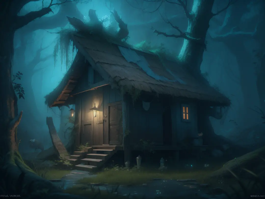 Fairy tale: Baba Yaga's uncanny boarded-up dark hut stands on chicken legs in a mysterious enchanted forest, very strange animals roam nearby, swamp, blue fog, mysticism, mysterious setting, close-up, full frame, three-dimensional cinematic lighting, edge ...