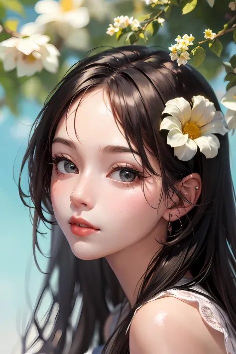 (highres, best quality:1.2), 1girl, radiance, soft contours, beautiful drawing, upper body, concept art, eyelashes, may, sun, spring, blue sky, detailed background, light blush, bright colors
