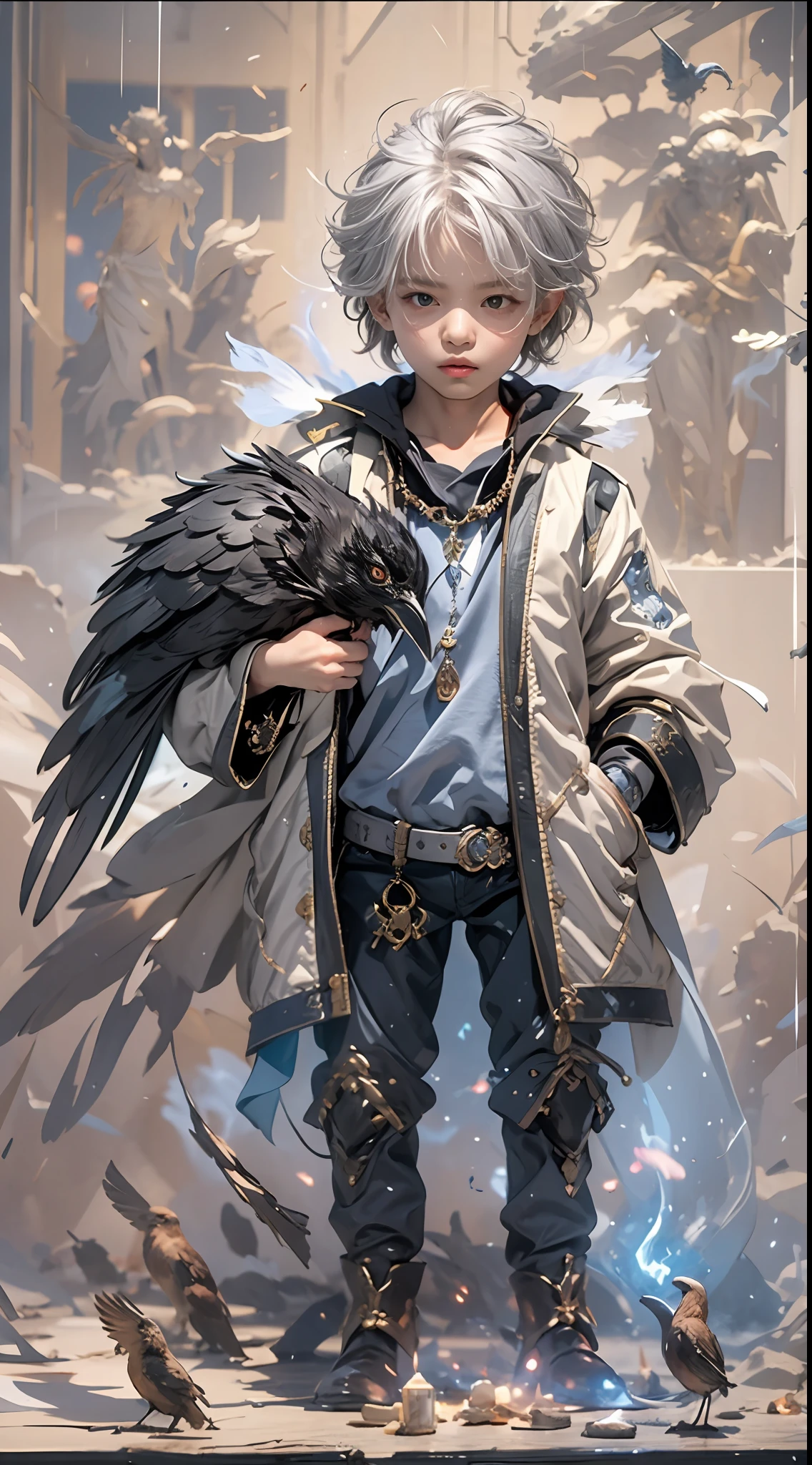 A high resolution，high detal，8K，（A boy:1.9），Handsome face，Messy silvery-white medium short hair standing on end，A gifted spell master，Black and white spell master set，Blue magic flames burned in one hand，Sealing spells，The other hand makes a boo motion，An evil red-eyed raven rests on the boy's shoulder，The is very detailed，Ultra-high sharpness，Thick coating，