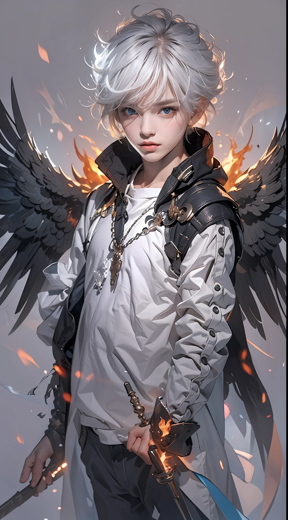 A high resolution，high detal，8K，（A boy:1.9），Handsome face，Messy silvery-white medium short hair standing on end，A gifted spell master，Black and white spell master set，Blue magic flames burned in one hand，Sealing spells，The other hand makes a boo motion，An evil red-eyed raven rests on the boy's shoulder，The is very detailed，Ultra-high sharpness，Thick coating，