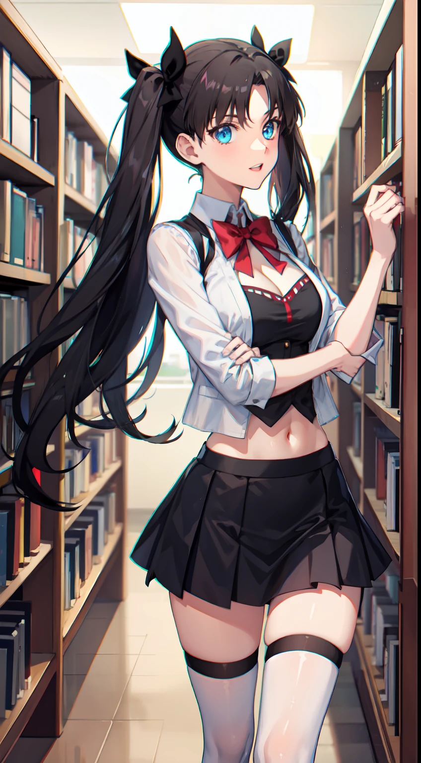 cheveux longs, cheveux noirs, poitrine moyenne, jambes fines, heureux, clivage, jupe courte, Rin Tohsaka, double queue, nombril, yeux bleus, , chaussettes hautes, debout, bibliothèque