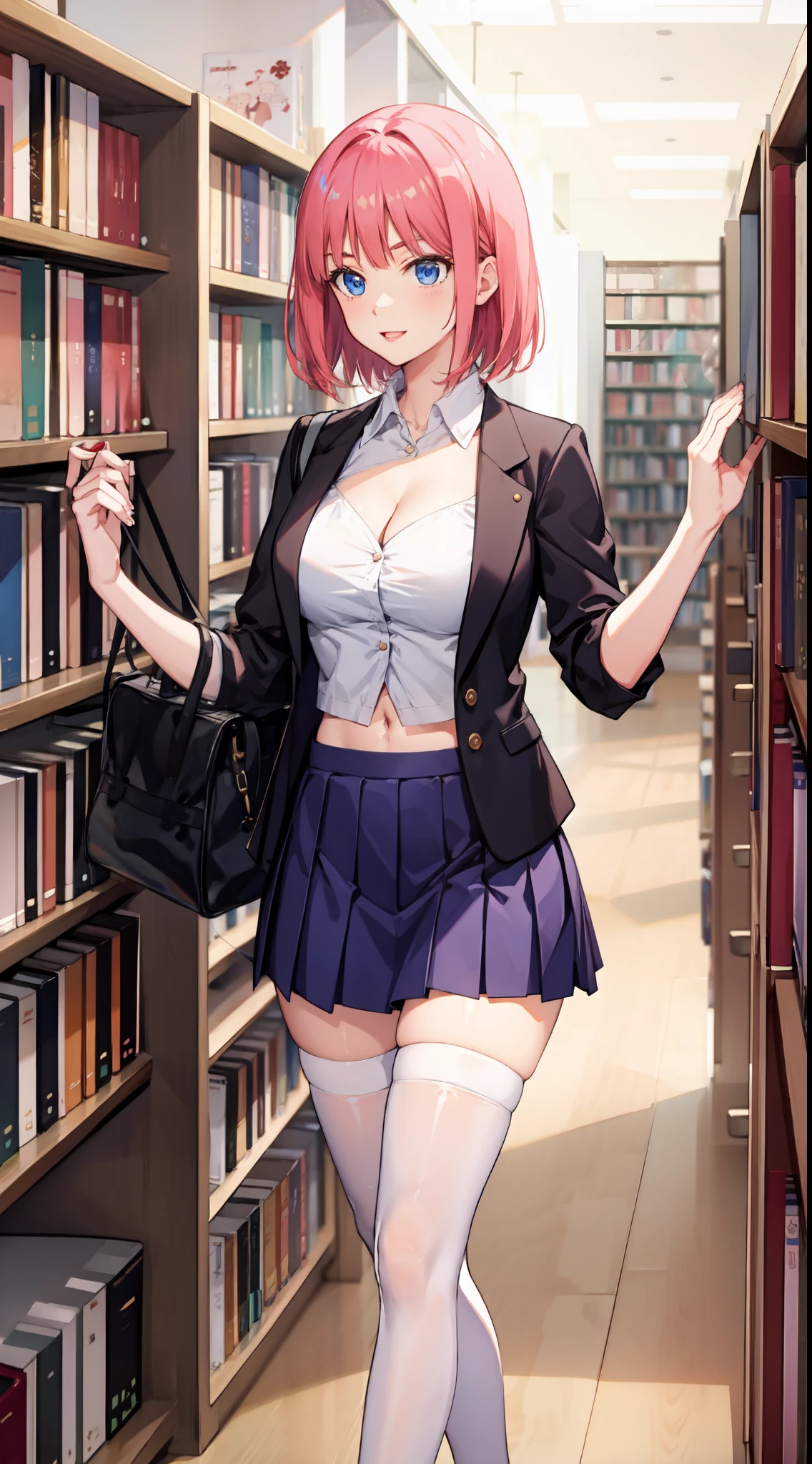 nakano nino, short hair, medium breast, slim legs, happy, cleavage, short skirt, navel, blue eyes, school uniform, thigh high socks, stand, library, pink hair