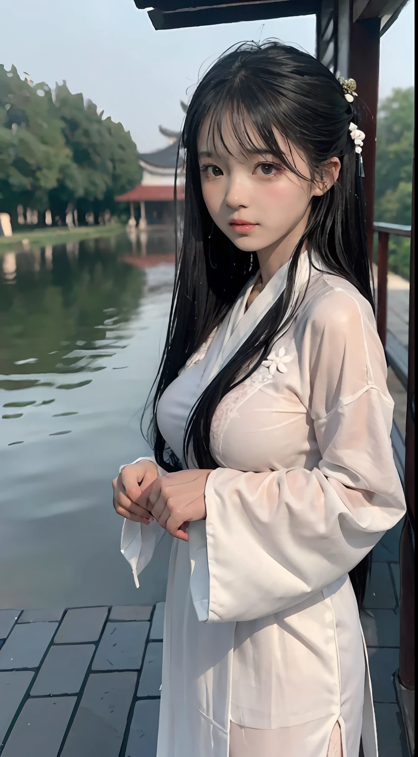 Master quality, highest quality, best picture quality, exaggerated details, a cute 8 year old asian  with a shy expression, slightly squinted eyes, adjusting her hair, long eyelashes (long hair / very, very exaggerated big breasts _  / in hanfu chinese luxury), posing in front of the camera, wet throught rain, wet breast under wear