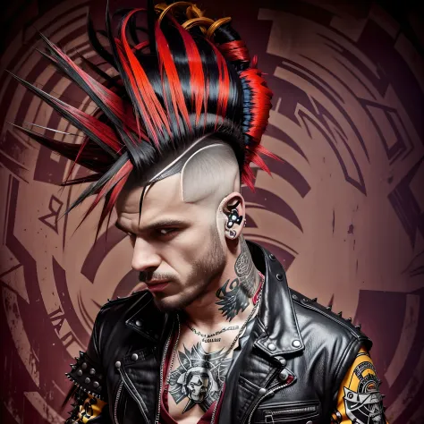 Hay un hombre con un mohawk en la cabeza y haciendo una peineta con un dedo de una mano, Retrato de un punk masculino, Punk rock...