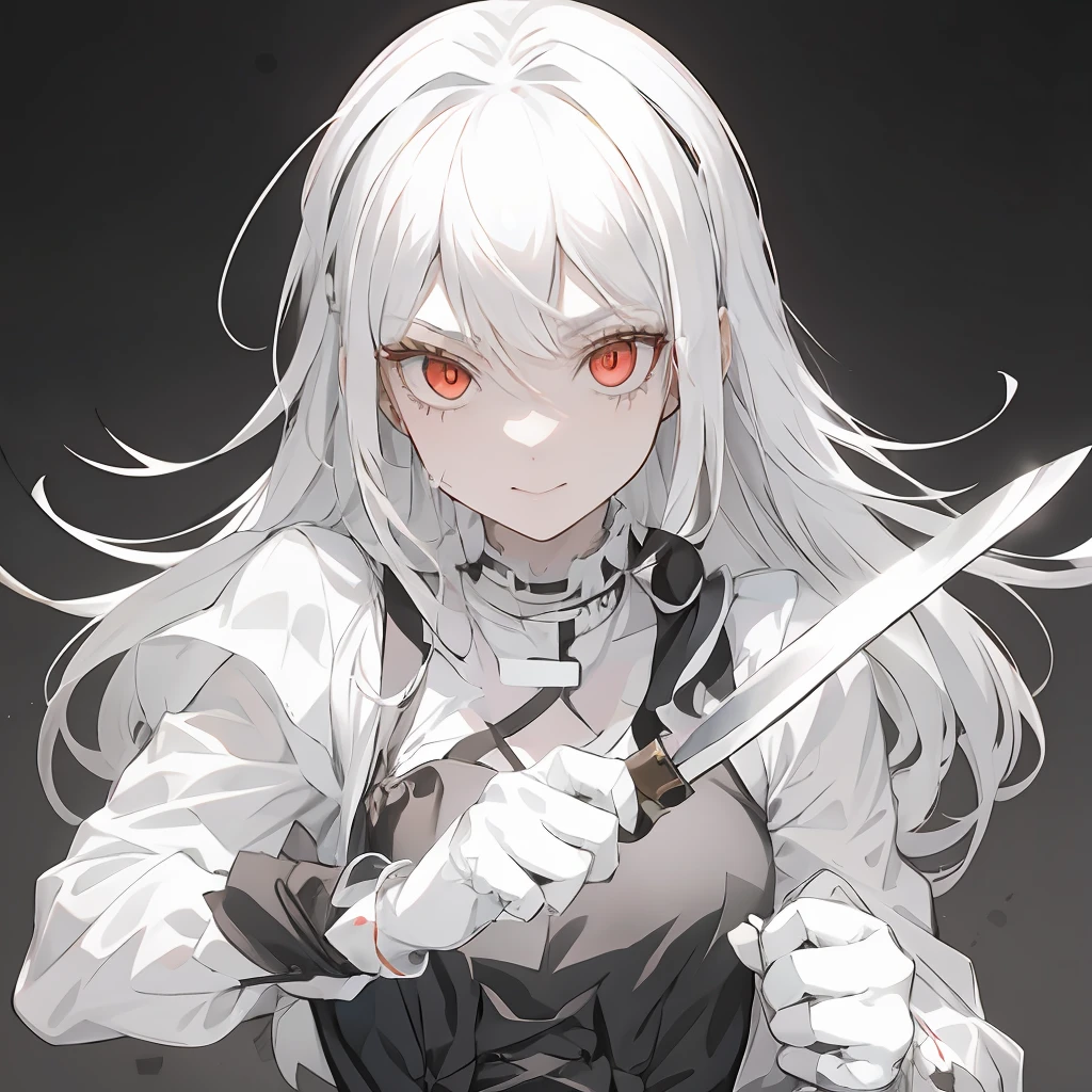 Anime Girl with Long White Hair holding a knife in her hand, Yoko Taro, detailed anime character art, Portrait Gapmoe Yandere Grimdark, nier autoamata, cheveux blancs, white haired deity, Gapmoe Yandere Grimdark, fille aux cheveux blancs, gapmoe yandere, Néferpitou, cheveux blancs, Digital Art of Danganronpa