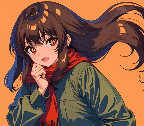 1girl, 172 centimeter height, long wavy brown hair, orange pupils, sky background, wearing red scarf