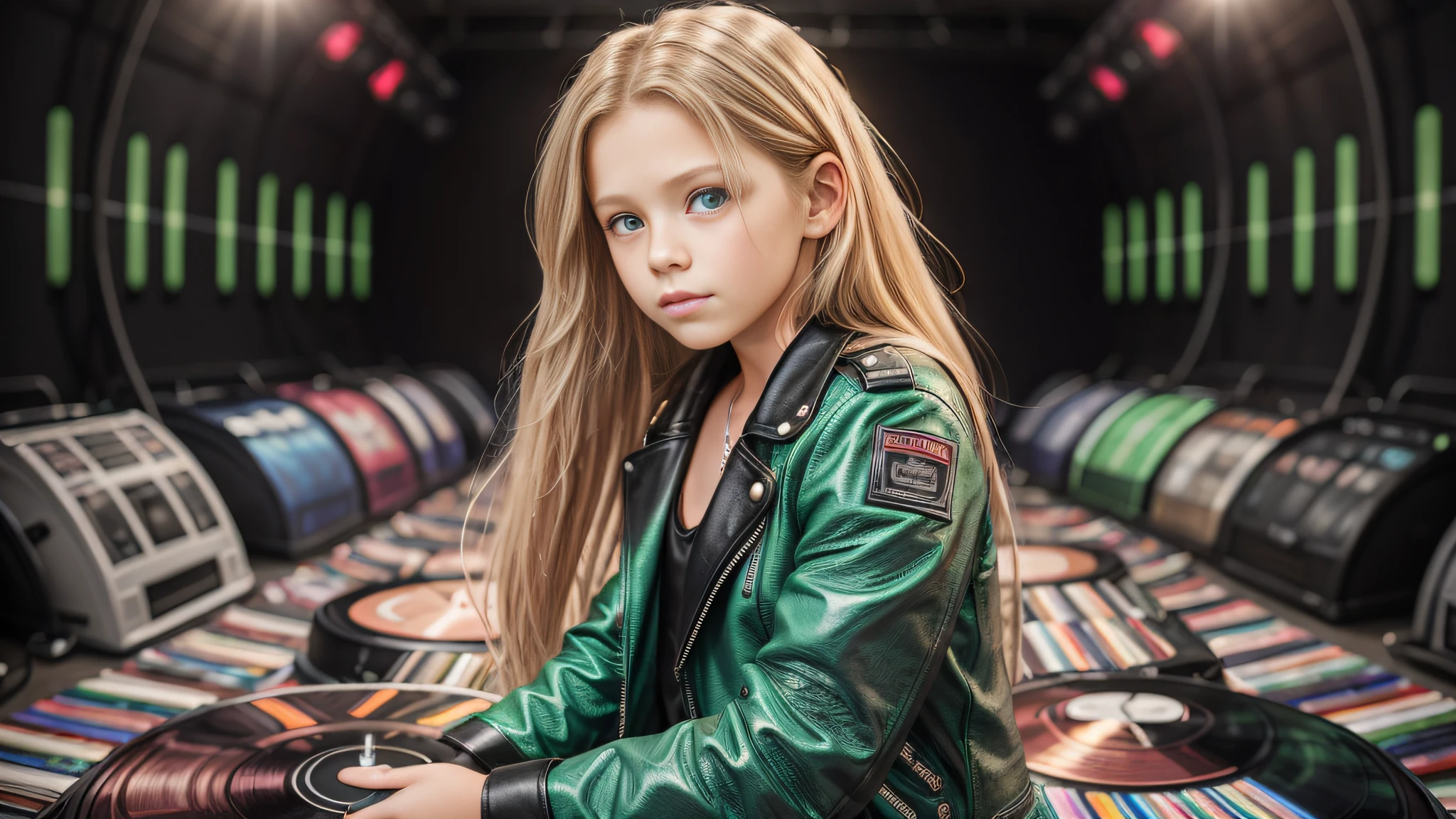 12 year old girl, long blonde straight hair, with black leather jacket and black clothing, in the photographic studio, with white infinite background, GREEN BACKLIGHT with many cds and vinyls on the floor, SOFT GREEN LIGHT.