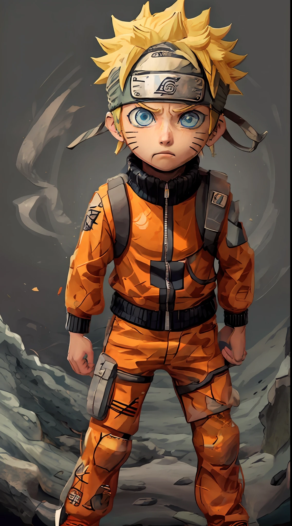 chibinaruto, 1boy, solo, male focus, blue eyes, facial mark, looking at viewer, fighting stance, serious, orange jacket, jacket, closed mouth
