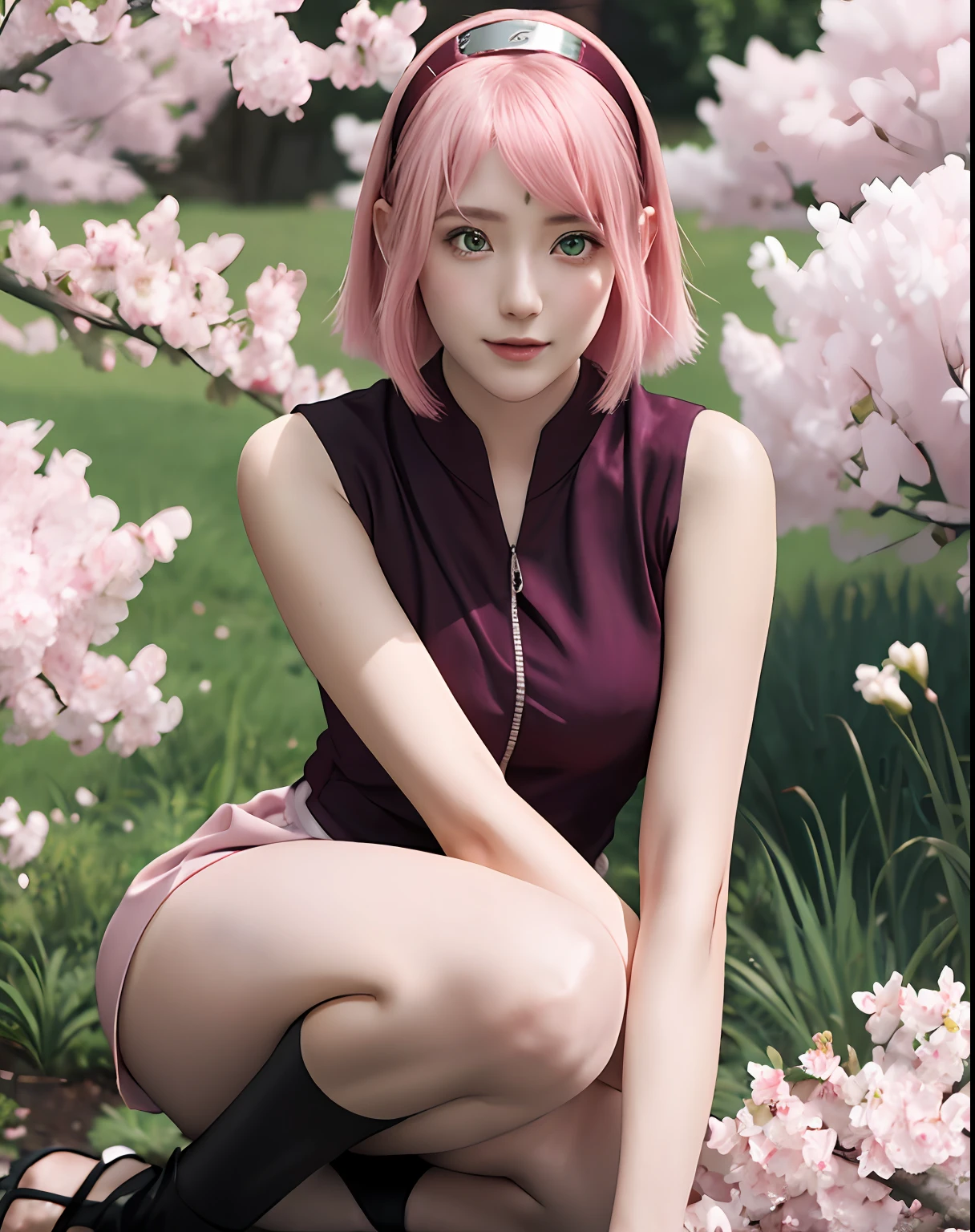 haruno sakura, naruto \(series\), naruto shippuuden, anime art style, masterpiece, red shirt, shirt, short hair, sleeveless, sleeveless shirt, forehead protector, hairband, konohagakure symbol on hairband, 1girl, solo, bangs, breasts, sexy smile, elbow sleeve, eyes visible through hair, floating hair, foreshortening, green eyes, hair intakes, parted bangs, pink hair, medium breasts, v-shaped eyebrows, detailed background, outdoor, cherry blossoms, sky, (ultra detailed), (8k, intricate), (85mm), light particles, lighting, full body, (highly detailed:1.2), (gradients), sfw, colorful, (detailed background), (rule of third_composition:1.3), (Line of action:1.2), daylight, solo