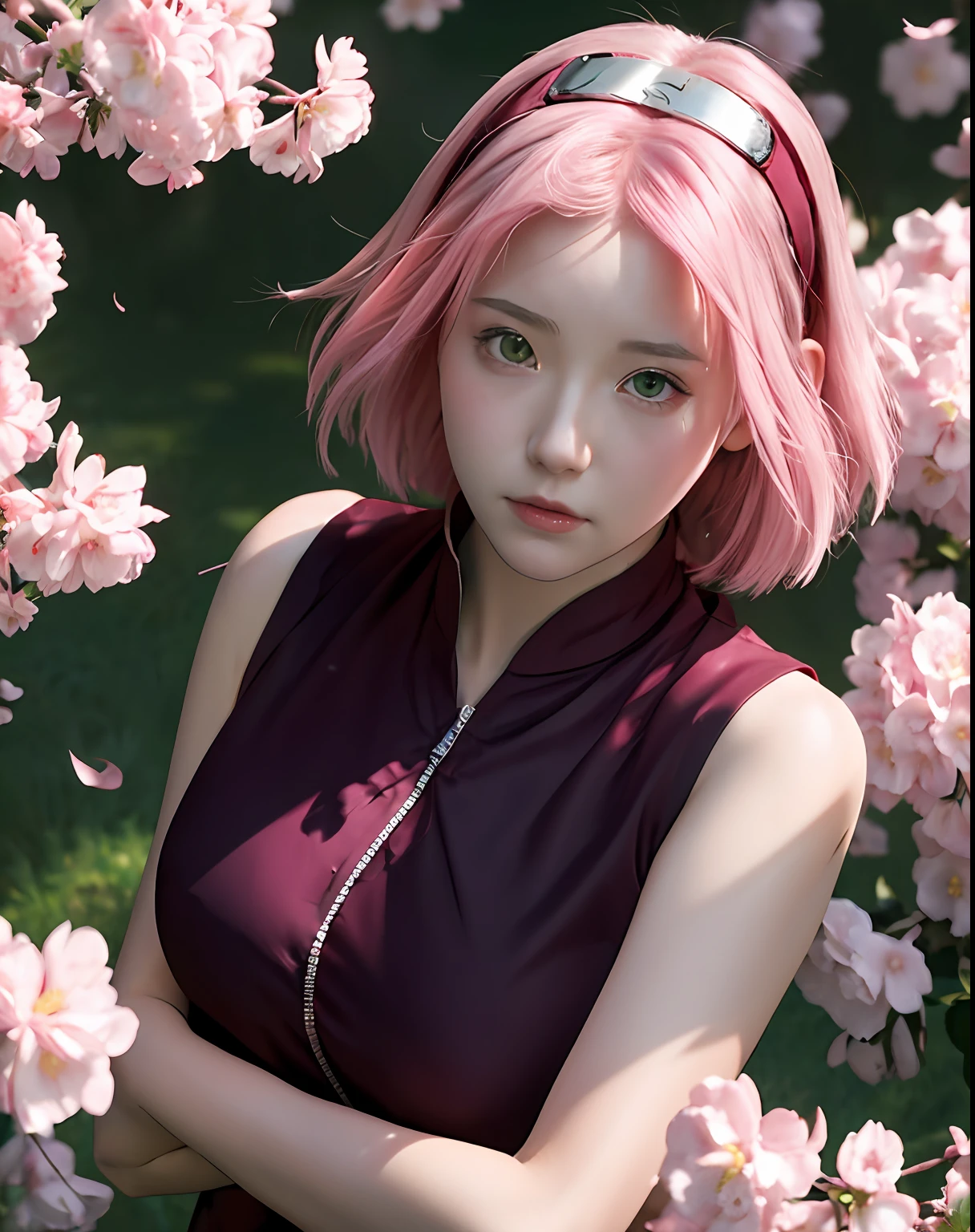 haruno sakura, naruto \(series\), naruto shippuuden, anime art style, masterpiece, red shirt, shirt, short hair, sleeveless, sleeveless shirt, forehead protector, hairband, konohagakure symbol on hairband, 1girl, solo, bangs, breasts, closed mouth, elbow sleeve, eyes visible through hair, floating hair, foreshortening, green eyes, hair intakes, parted bangs, pink hair, small breasts, v-shaped eyebrows, detailed background, outdoor, cherry blossoms, sky, (ultra detailed), (8k, intricate), (85mm), light particles, lighting, full body, (highly detailed:1.2), breast focus, (gradients), sfw, colorful, (detailed background), (rule of third_composition:1.3), (Line of action:1.2), daylight, solo