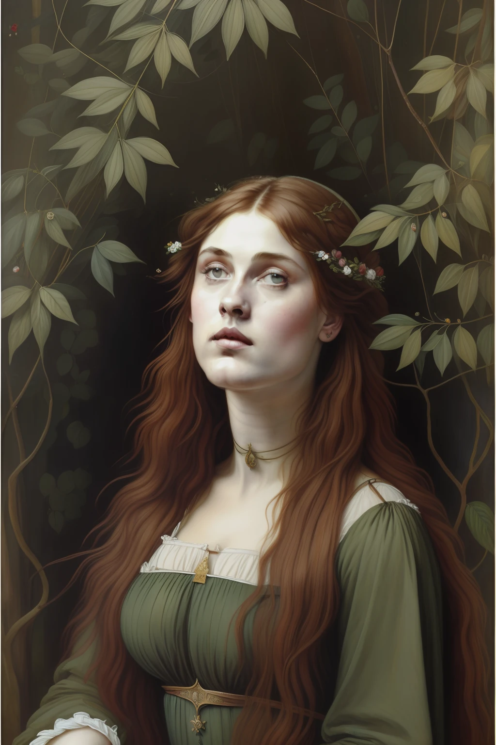 "(((Pre-Raphaelite painting))) mulher selvagem, peles no mato, sabugueiro, Shy, envergonhado, Corar