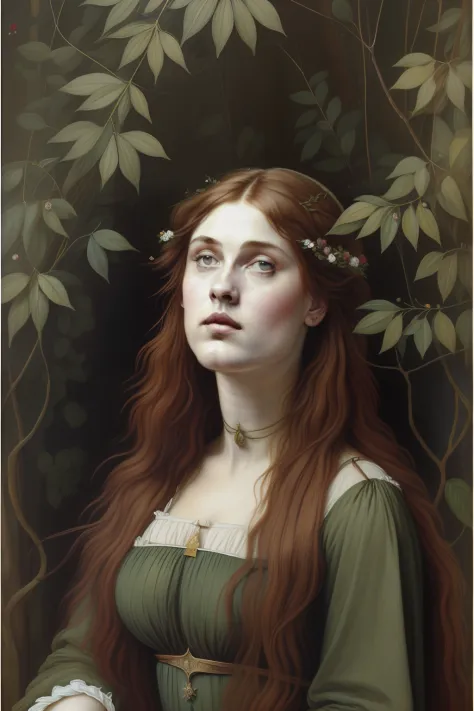 "(((pre-raphaelite painting))) mulher selvagem, peles no mato, sabugueiro, shy, envergonhado, corar