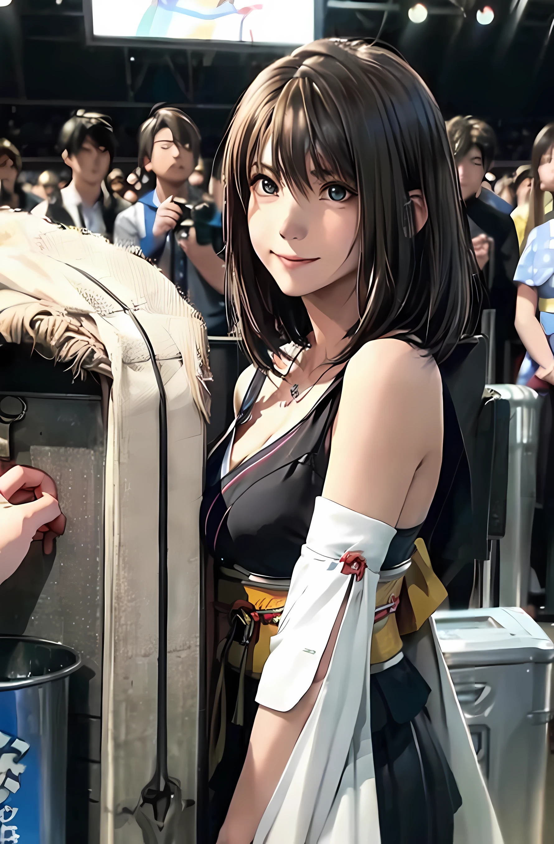 Anime characters in a stadium with trash cans and a man, rings asuka iwakura station game, makoto shinka, style of red line anime movie, today's featured anime still, Still from TV anime, anime key art, evangelionic illustration, girls frontline cg, girls frontline universe, Fine details. girls' frontline, anime key visual concept art of, Fine-grained skin、Sharp Focus、(lighting like a movie)、Soft lighting、dynamic ungle、(Face Details:1.2)、large full breasts、(Photorealsitic)、(Raw photography、top-quality、​masterpiece:1.2)、The ultra-detailliert、超A high resolution、(Realistic and realistic photos:1.37)、portlate、high-definition RAW color photography、professional photograpy、extremely delicate and beautiful、ighly detailed、8K Picture Wallpaper、astonishing、finely detail、huge filesize、beatiful detailed eyes、二重まぶた、Dynamic lighting、very detailed beautiful girls、、1 girl in、(18year old:1.2)、Realistic body、小柄、fair white skin、shinny skin、Good figure、Natural face、(embarrassed from、full of shyness、A smile:1.2)、、Look at viewers:1.2、(Recumbent position、sface focus、cowboy  shot:1.2)、(dynamicposes:1.2) 、1girl in, 独奏, jewely, Detached sleeve, a necklace, blue-beaded earring, Hakama Skirt Pot、 超A high resolution、a picture、Photorealsitic、ighly detailed、A detailed face、Cute Woman Solo、the royal palace、 medium breasts⁩、(​masterpiece、hightquality)、looking at the viewers、gorgeous goddess、bob cuts、 Charming and、Charming and、dream-like、Royal cloak、((thick bangs))、cross-legs sitting、((Beautiful skin))、(sexy  pose)