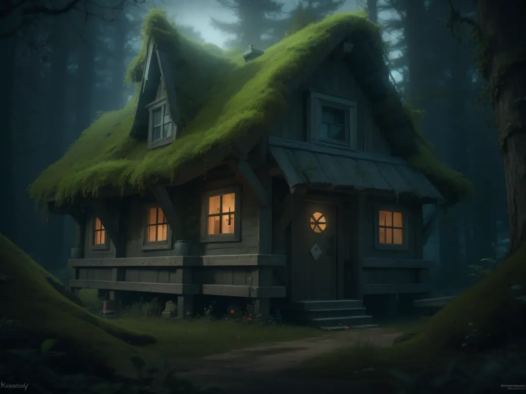 A small house with a face stands in the forest;, Witch's cottage in the forest, Witch's hut, Frame from an animated horror film, House in the forest, Alexander Jansson Style, Photorealistic dark concept art, Alexander Kobzdey, 3D rendering and matte painti...