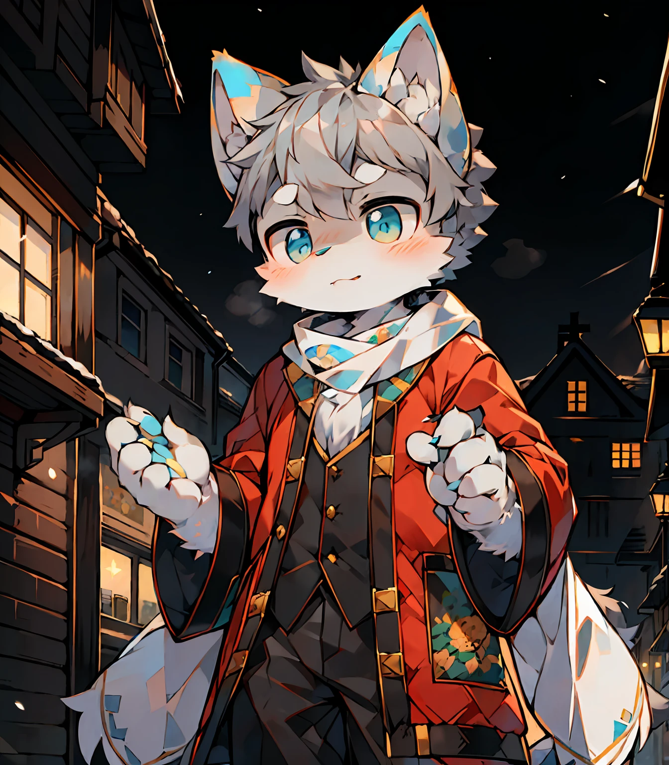 Highest image quality，A masterpiece，Delicate hands，finely-detailed eyes，Normal eyes，Gray cat ears，furry，Gray hair，adolable，Handsome，（（White scarf）），Cat style，shota， Blue pupil, city night scene, Gray hair, By bangs，Dappled light and shadow, short detailed hair，ember，There are bright eyes of God, City，winter background，2022，Outfit in black，solo，New Year，Melon seed face，snowflower，rcasual