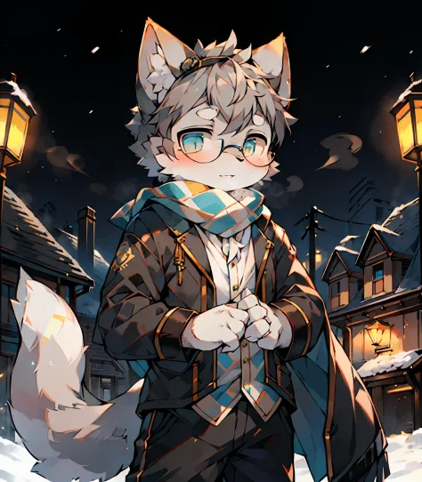 Highest image quality，A masterpiece，Delicate hands，finely-detailed eyes，Normal eyes，Black-framed round glasses，Gray cat ears，Furry，Gray hair，adolable，Handsome，（（White scarf）），Cat style，Shota， Blue pupil, city night scene, Gray hair, By bangs，Dappled light ...