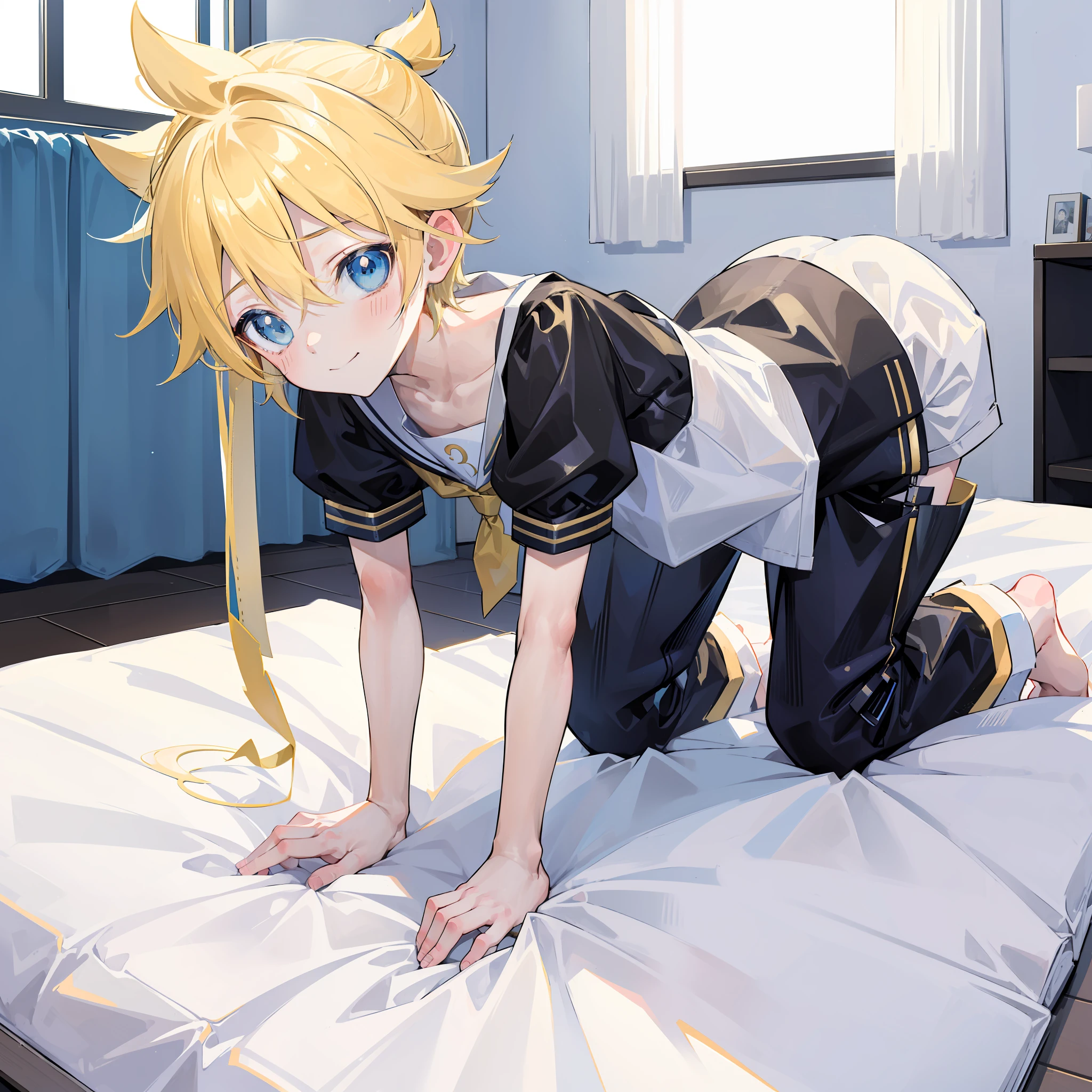 best quality, ultra precision, (one boy), (Len_Kagamine), cute, cool, blue eyes, blond hair, shota, cowlick, on bed, sailor uniform, black short pants, slender,  (he loves you), your cute boyfriend, innocent, (all fours:1.5), staring at you, natural smile