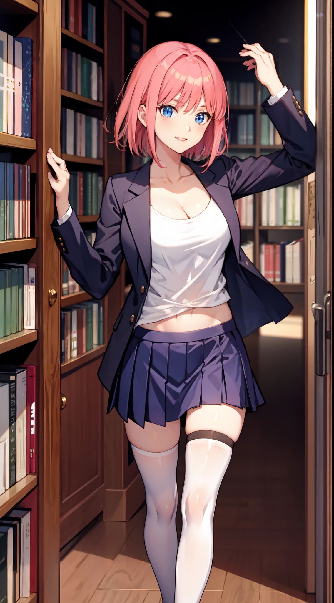 nakano nino, short hair, medium breast, slim legs, happy, cleavage, short skirt, navel, blue eyes, school uniform, thigh high socks, stand, library, pink hair