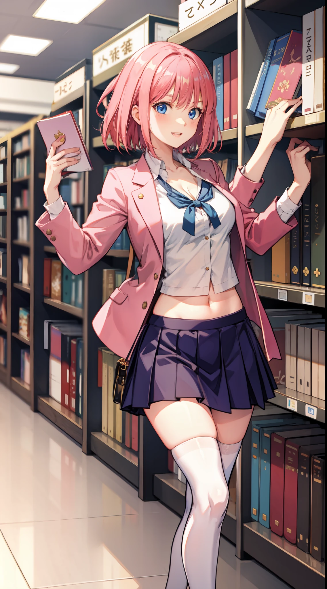 nakano nino, short hair, medium breast, slim legs, happy, cleavage, short skirt, navel, blue eyes, school uniform, thigh high socks, stand, library, pink hair