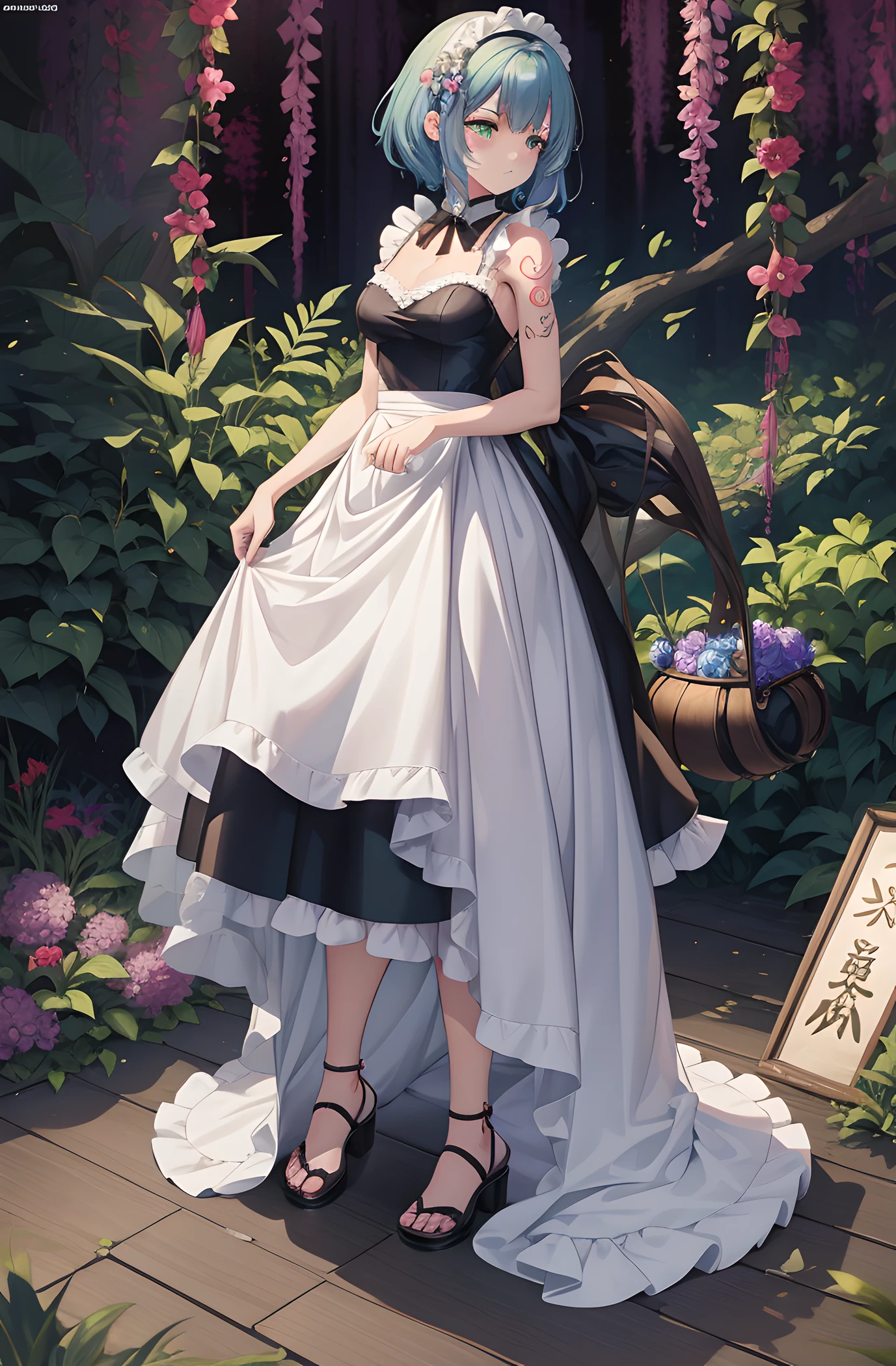 Anime girl in white dress with bucket of flowers, a maid in a magical forest, anime girls in maid costumes, lolish, anime maids riding early tanks, splash art anime loli, a sexy maid in a magical forest, insect trainer girl, anime cat girl in a maid costume, Lori, small curvy loli, maid clothes, (masterpiece, top quality, best quality, official art, beautiful and aesthetic:1.2), a bird and a beautiful woman, beautiful woman, hone onna skeleton geisha, with geisha tattoo, yakuza tattoo on body, oriental tattoos, highly detailed tattoo, tattoo art, full body tattoo, full - body tattoos, highly detailed full-body art, female beautiful face, beautiful green eyes, skull phoenix bird, 8k, detail,best quality, perfect.