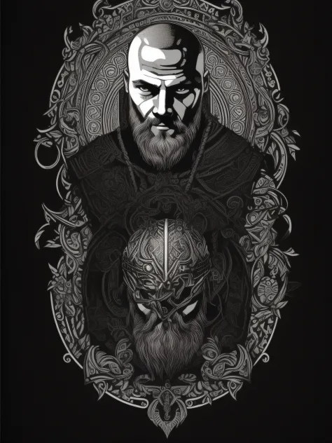 ragnar lothbrok, t-shirt art, 2d, ((black background :1, 5)), vector, vivid colors, masterpiece, best quality, intricate details...