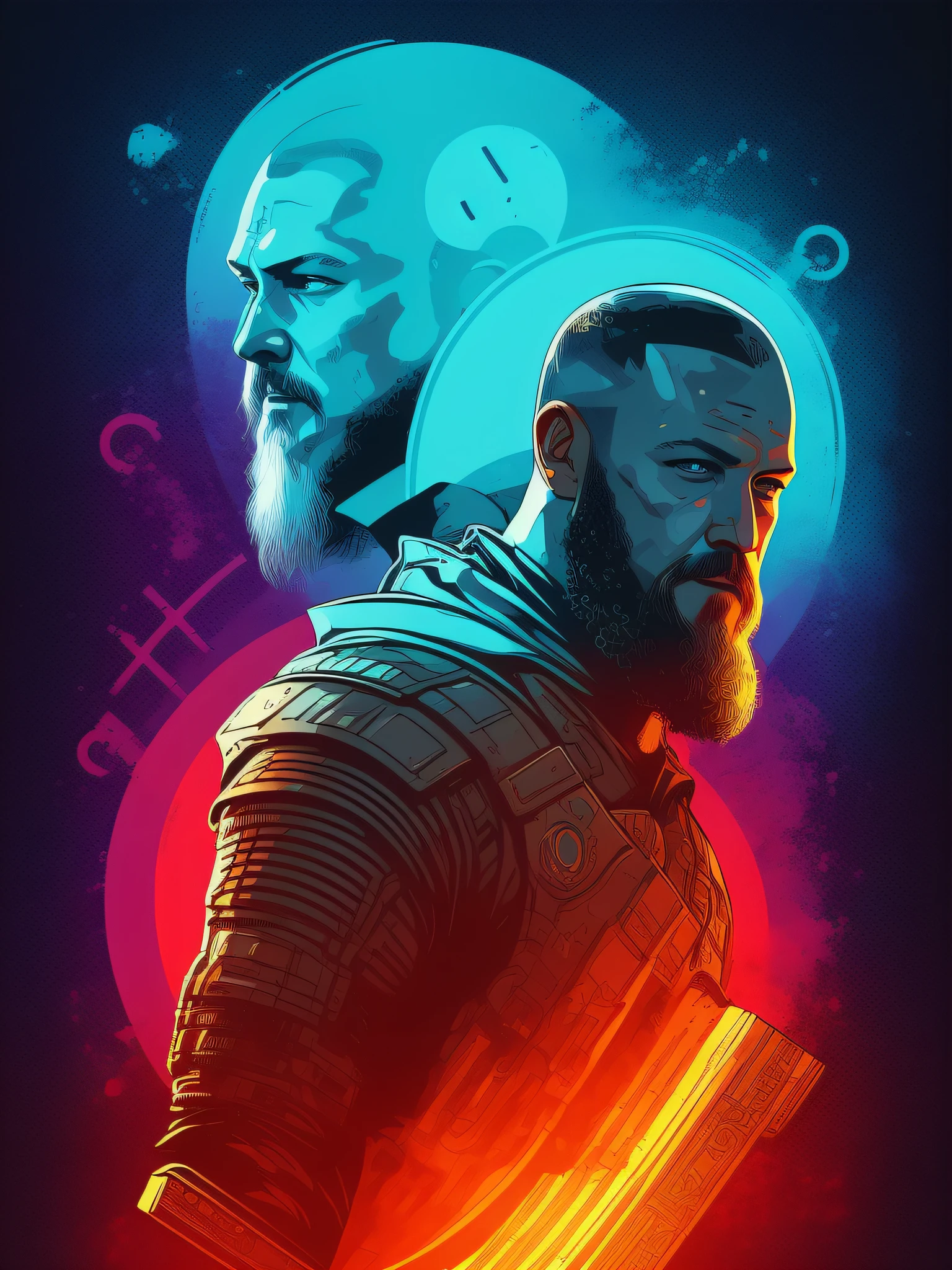 Ragnar Lothbrok, 2D t-shirt art, Cyberpunk, epic illustration, vector, 2d illustration, black background, very colorful, full gradient modern colors, Focused, front view