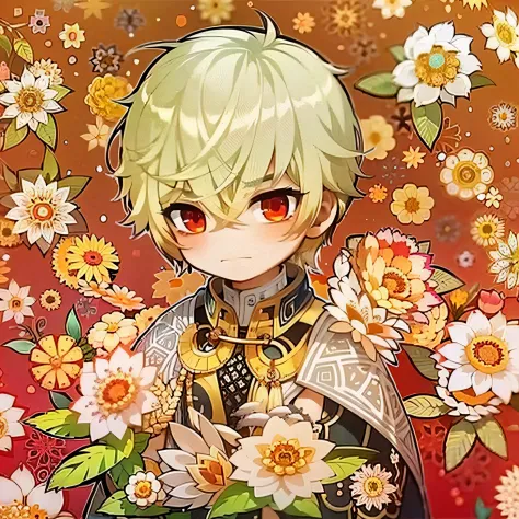 chibi, ((young man)) with yellow hair and {red eyes}, frowning, surrounded by {{white flowers and red flowers}}, (orange backgro...