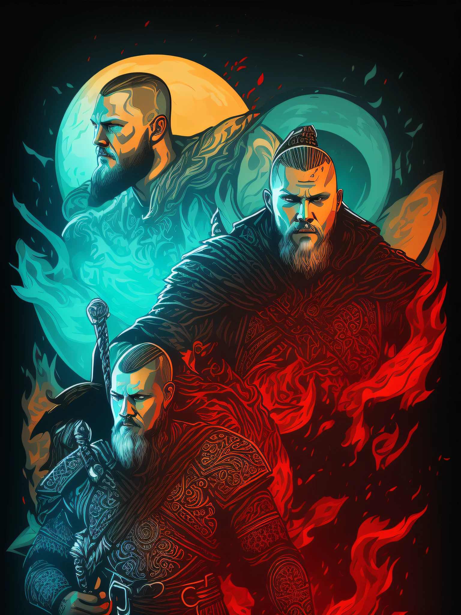 Ragnar Lothbrok, 2D t-shirt art, epic illustration, vector, 2d illustration, black background, very colorful, full gradient modern colors, Focused, front view