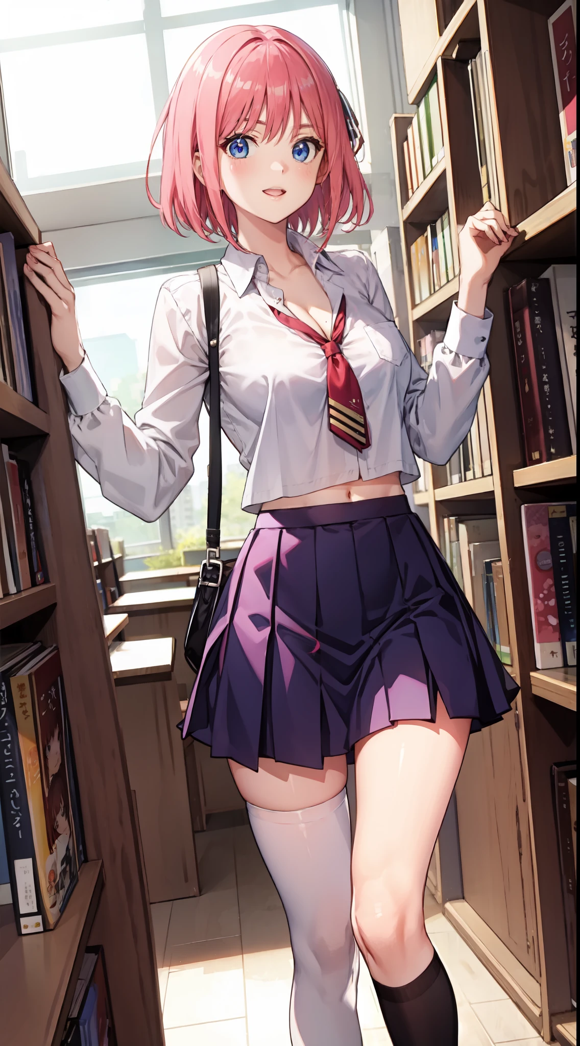 nakano nino, short hair, medium breast, slim legs, happy, cleavage, short skirt, navel, blue eyes, school uniform, thigh high socks, stand, library, pink hair