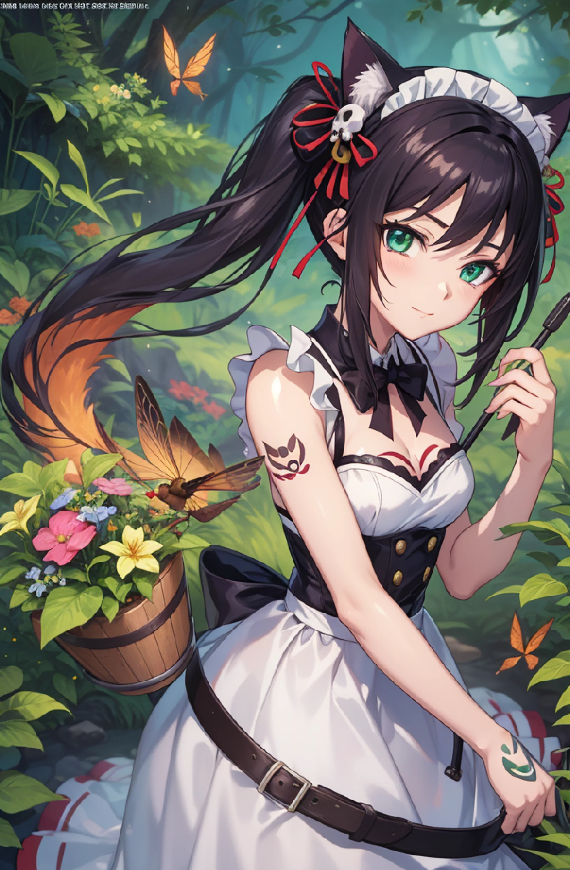 Anime girl in white dress with bucket of flowers, a maid in a magical forest, anime girls in maid costumes, lolish, anime maids riding early tanks, splash art anime loli, a sexy maid in a magical forest, insect trainer girl, anime cat girl in a maid costume, Lori, small curvy loli, maid clothes, (masutepiece, Best Quality, Official art, Beautiful and aesthetic:1.2), Beautiful woman with bird, Beautiful woman, hone onna skeleton geisha, With a geisha tattoo, Yakuza tattoos on the body, Oriental tattoos, Highly detailed tattoo, tattoo art, Full body tattoo, Full body tattoo, Highly detailed full-body art, Beautiful face of a woman, Beautiful green eyes, Skull Phoenix Bird, 8K, detail,Best Quality, Perfect.