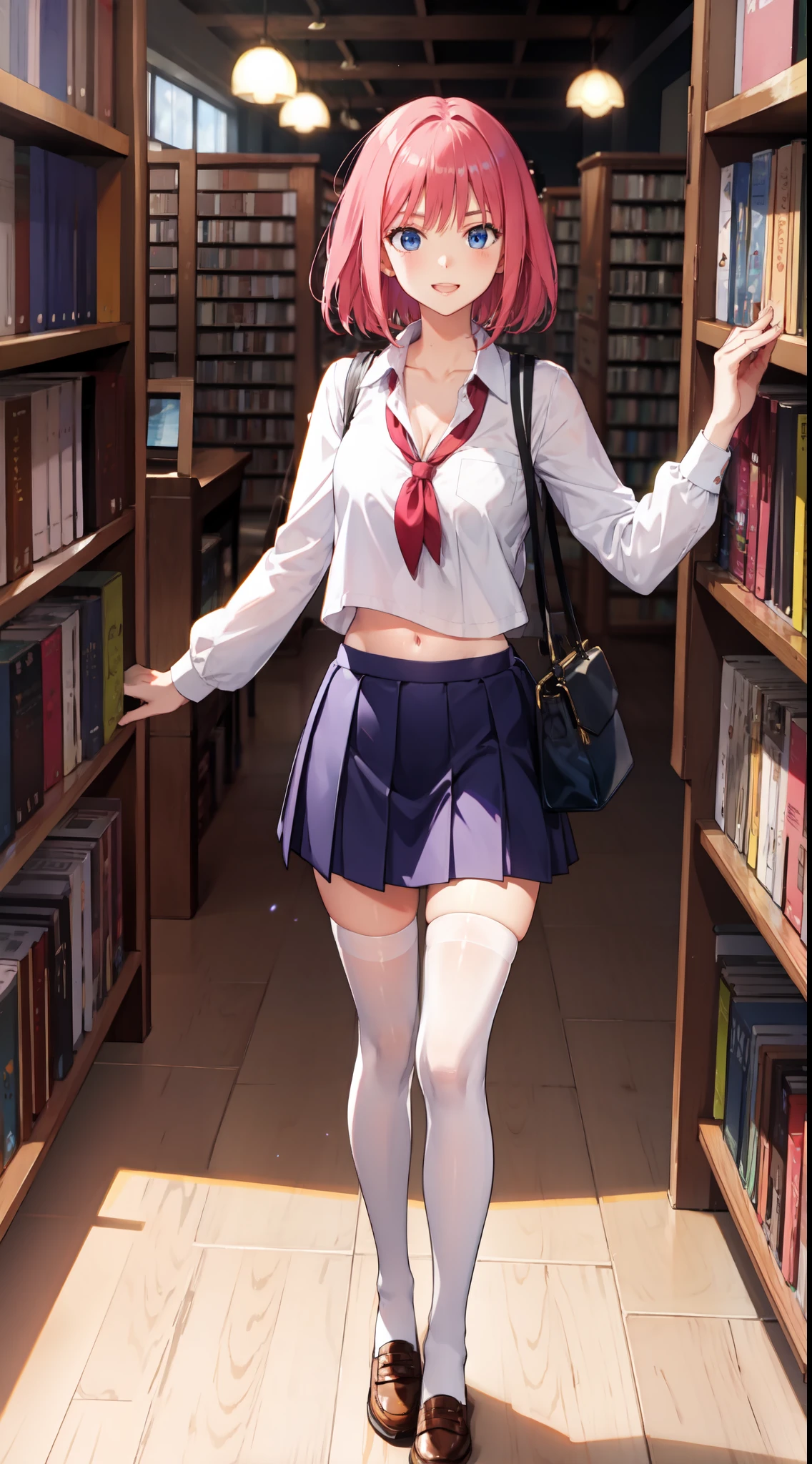 Nakano_Niño, Cheveux courts, jambes minces, heureux, clivage, Jupe courte, nombril, yeux bleus, uniforme scolaire, chaussettes hautes, stands, bibliothèque, cheveux roses