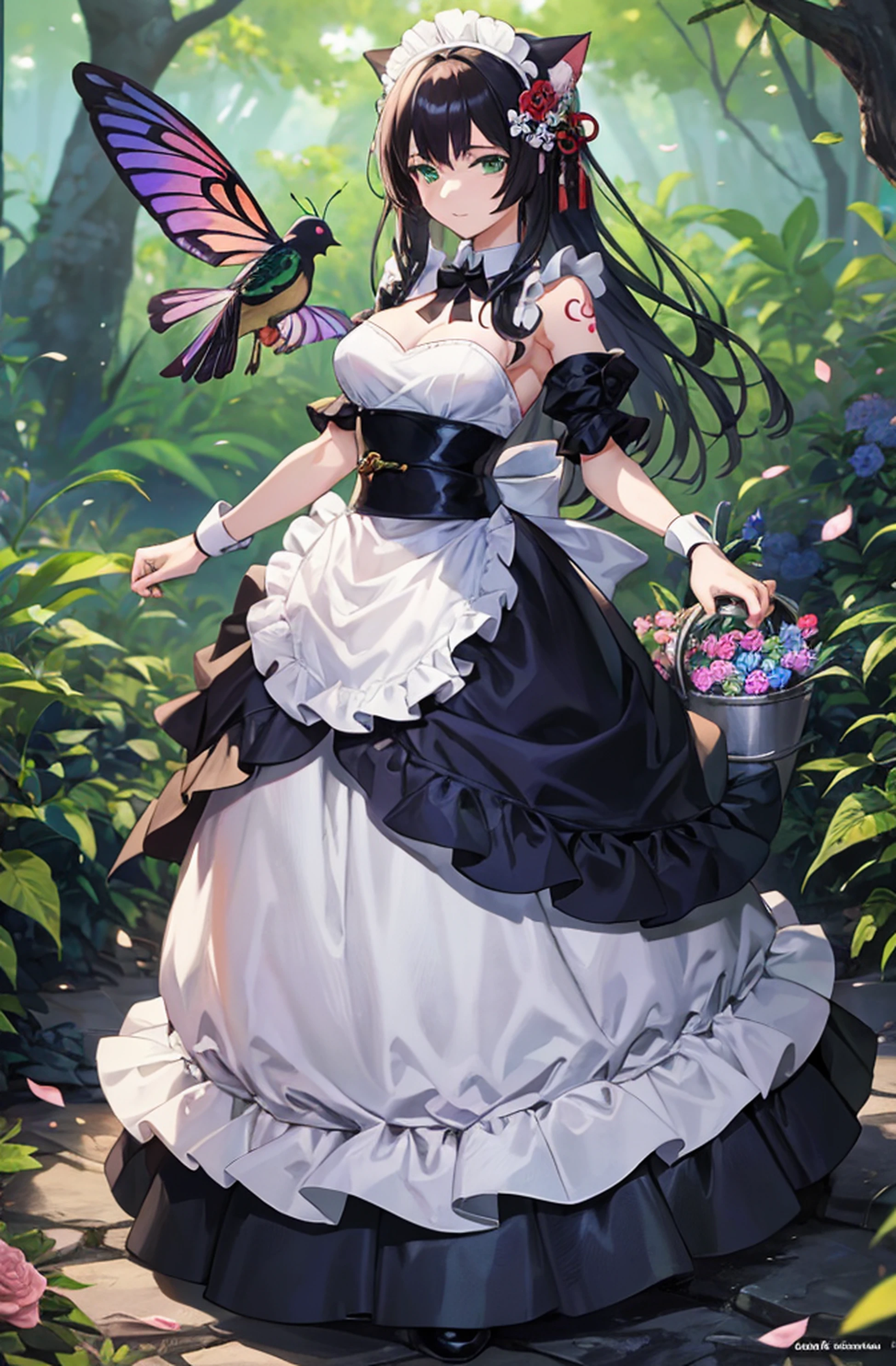 Anime girl in white dress with bucket of flowers, a maid in a magical forest, anime girls in maid costumes, lolish, anime maids riding early tanks, splash art anime loli, a sexy maid in a magical forest, insect trainer girl, anime cat girl in a maid costume, Lori, small curvy loli, maid clothes, (masutepiece, Best Quality, Official art, Beautiful and aesthetic:1.2), Beautiful woman with bird, Beautiful woman, hone onna skeleton geisha, With a geisha tattoo, Yakuza tattoos on the body, Oriental tattoos, Highly detailed tattoo, tattoo art, Full body tattoo, Full body tattoo, Highly detailed full-body art, Beautiful face of a woman, Beautiful green eyes, Skull Phoenix Bird, 8K, detail, Perfect.